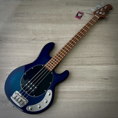 Sterling by Music Man Stingray RAY34FM  Flame Maple 4-String Bass, Neptune Blue image 2