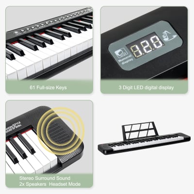 Glarry GEP-109 61 Key Lighting Keyboard with Piano Stand, Piano Bench, Built In Speakers, Headphone, Microphone, Music Rest, LED Screen, 3 Teaching Modes for Beginners 2020s - Black image 9