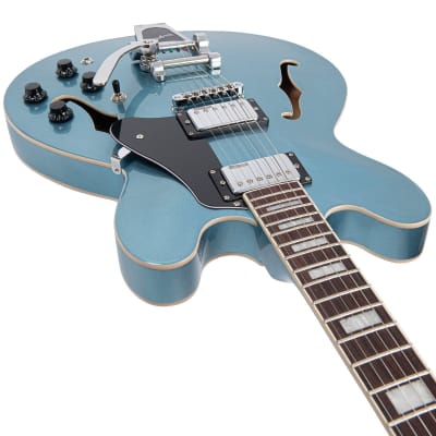 Vintage VSA500B ReIssued Semi Acoustic Guitar w/Bigsby ~ Gun Hill Blue image 10