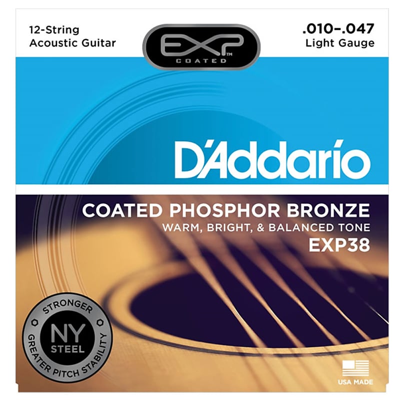 D'Addario EXP38 12-String Coated P/B Light Acoustic Guitar Strings 10 - 47 image 1