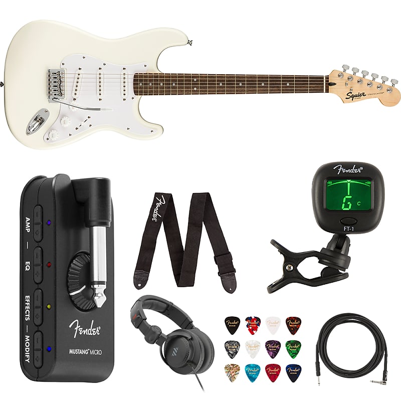 Squier by Fender Bullet Telecaster Laurel Fingerboard (Arctic White) Bundle  with Fender Mustang Micro Headphone Amp, Guitar Strap, 10ft Instrument  Cable, FT-1 Clip-On Tuner, 12-Pack Picks, and Headpho