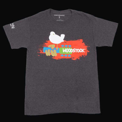 Woodstock Charcoal T-Shirt w/ Orange Paint Streak, White Dove, and Blue Guitar LARGE for sale