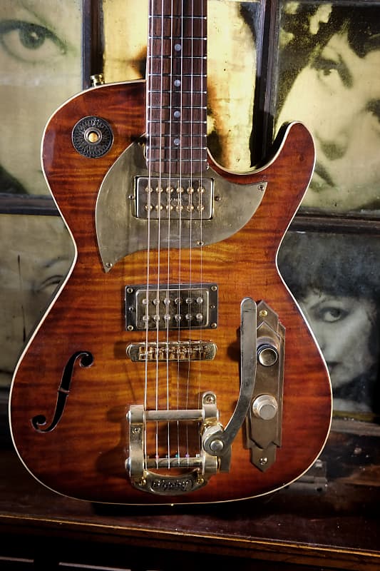 Postal Midnight Special Flamed Maple Tigerburst-TV Jones Gold Humbuckers Gold Bigsby Carved Scroll image 1