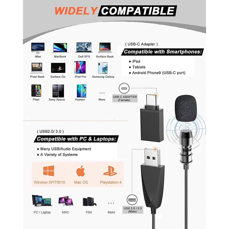 USB Lavalier Lapel Microphone for Video Recording Podcasting  Streaming, USB C Clip-on Computer Microphones, Plug & Play Omnidirectional  Condenser Lav Mic for Android Phone PC Laptop Mac MacBook PS4 : Musical