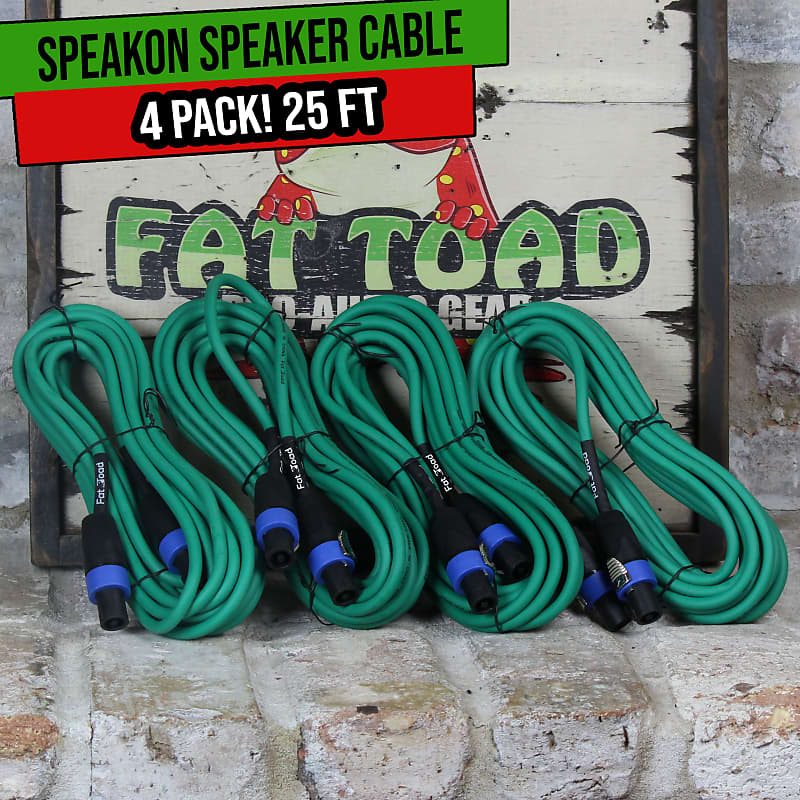 Speakon To Speakon Cables  2 Pack  By FAT TOAD | 25ft Professional DJ Pro Audio Green Speaker PA Cord With Twist Lock Connector | 12 AWG Wire For Impeccable Studio Recording Stage Performance Gear