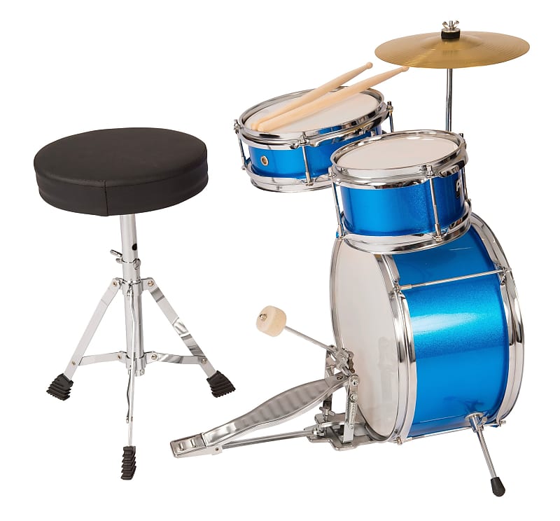 Kit de batterie Junior Blue métallisé – 3 pièces avec cymbale, pédale,  tabouret et