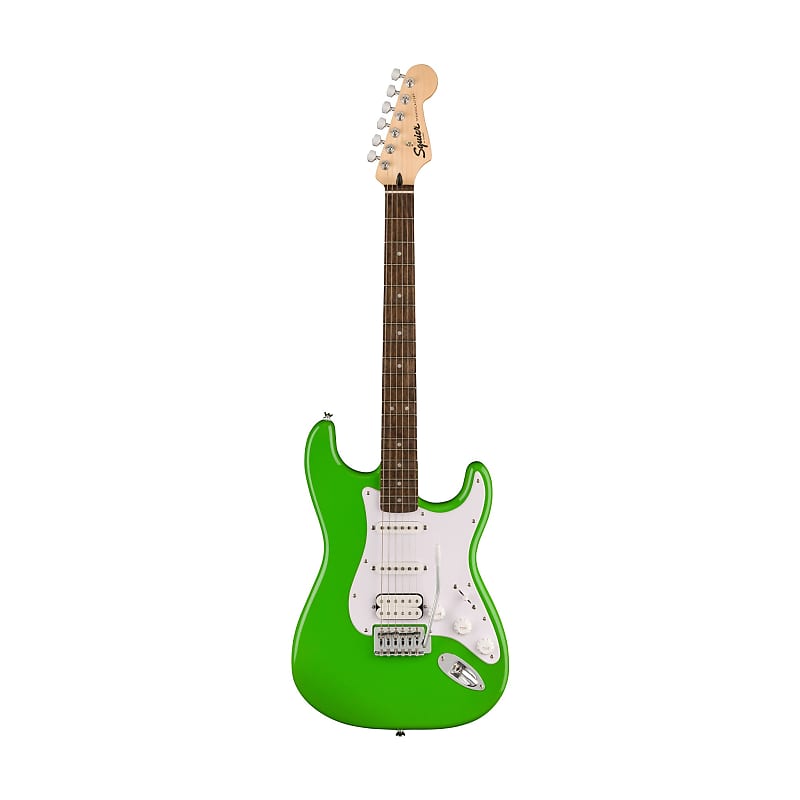 Squier FSR Sonic Stratocaster HSS Electric Guitar w/White Pickguard, Laurel  FB, Lime Green