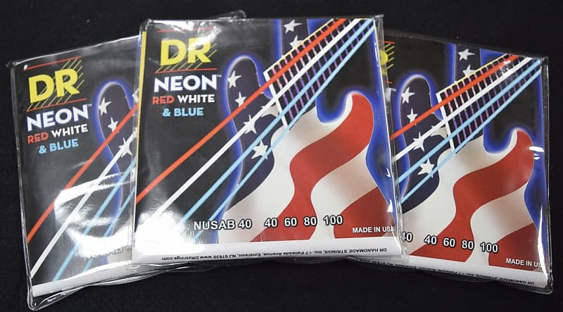 DR Neon Red White Blue Bass Strings 40 100 3 Pack Special FREE