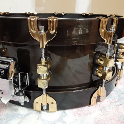 Premier 75th Anniversary Signia 14x5.5" 10-Lug Maple Snare Drum with Wood Hoops, Gold Hardware 1997 - Ebony image 6