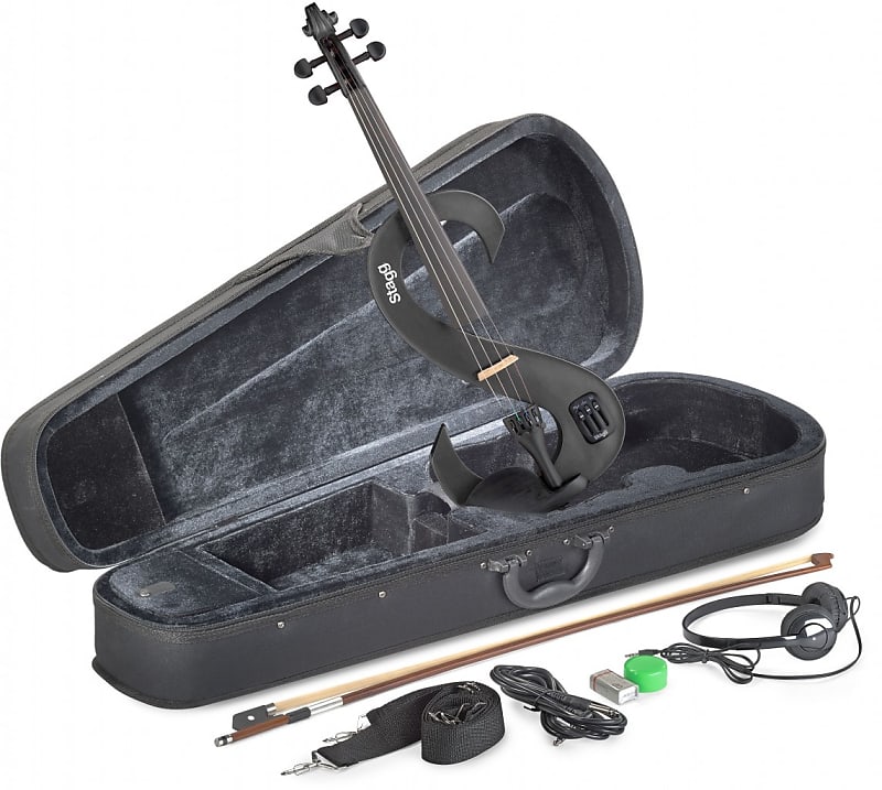 Stagg 4/4 electric violin set w/ S-shaped metallic blue electric violin, soft case & headphones image 1