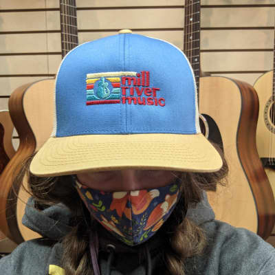 Mill River Music Embroidered Trucker Hat 1st Ed Main Logo Blue Amber Beige image 4
