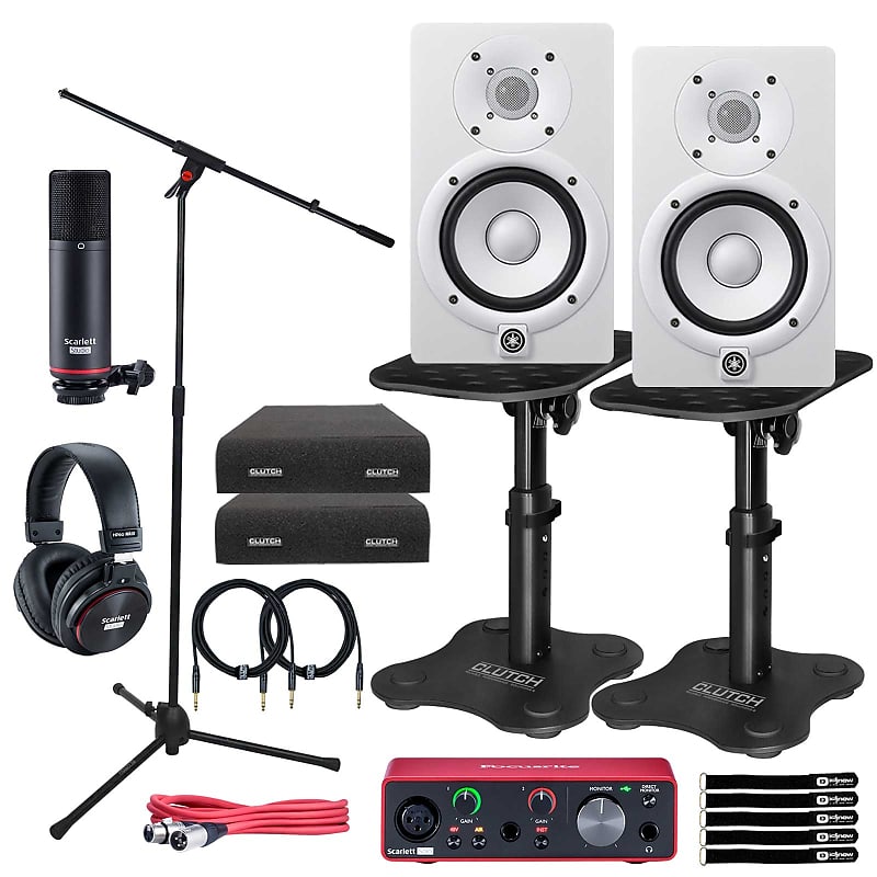 Yamaha HS5W 5 Active Studio Monitor Speakers w Scarlett Solo u0026 Desk Stands  | Reverb