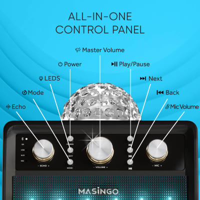 MASINGO 2023 Karaoke Machine for Adults & Kids with 2 UHF Wireless Microphones - Portable Singing PA Speaker System Set w/ Two Bluetooth Mics, Disco Ball Party Lights & TV Cable - Ostinato M7 Black image 8