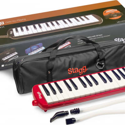 Red plastic melodica with 32 keys and black and red bag for sale