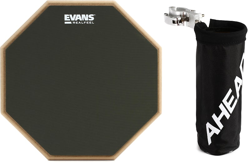 Evans RealFeel 2-Sided Pad - 12 inch Bundle with Ahead Compact Stick Holder  - Black Nylon