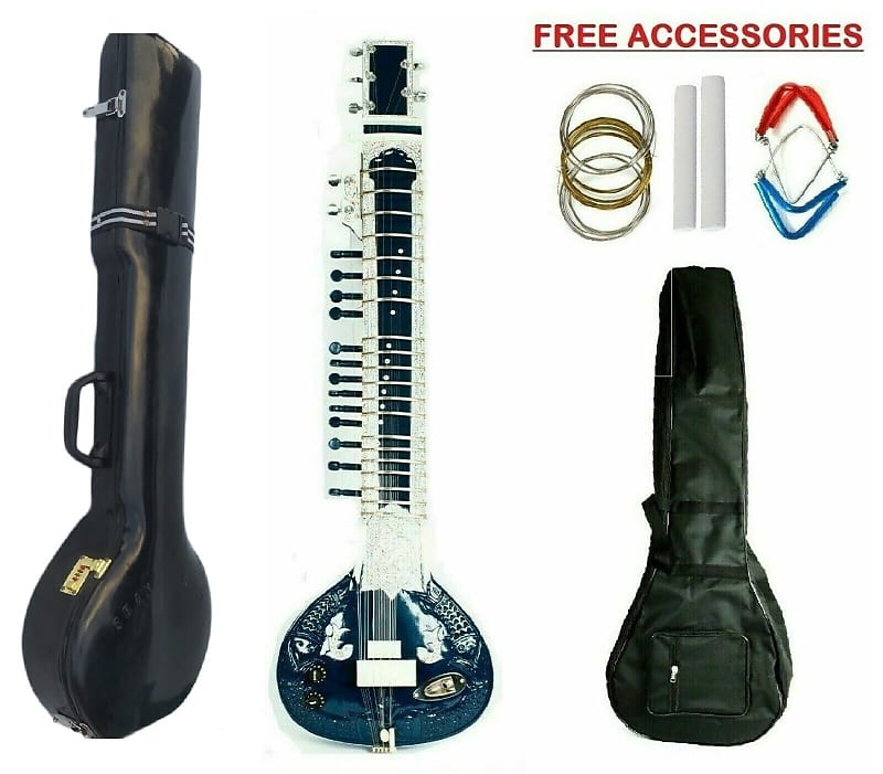 Handmade Sitar With Fiber Case Hand Paint Tun Wood Indian Musical String Electric Travel image 1