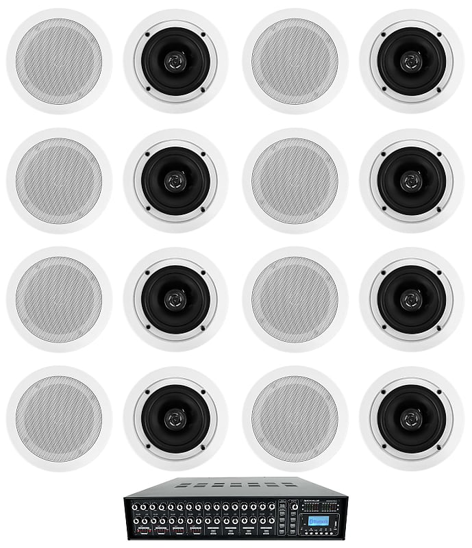 Rockville 4-Zone Multi Room Audio System w/ (16) 5.25&quot; White Ceiling Speakers  			