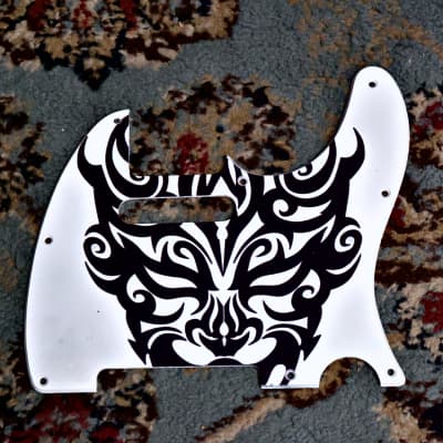 Q-Parts Tele-style Evil Mask 8 Hole Pickguard - White with Black Mask for sale