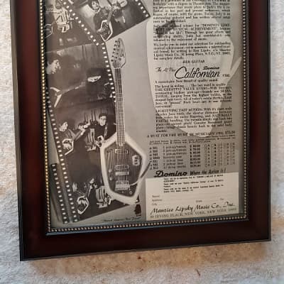 1967 Domino Guitars Promo Ad Framed Judith Wieder Californian # 502 Electric Guitar Original for sale