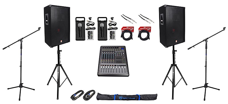 (2) Rockville 15” Speakers+Mixer+Mics+Stands+Cables For | Reverb