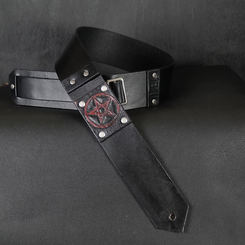 Leather Guitar Strap.. Handmade. Pentagram Patch. 55” to 62