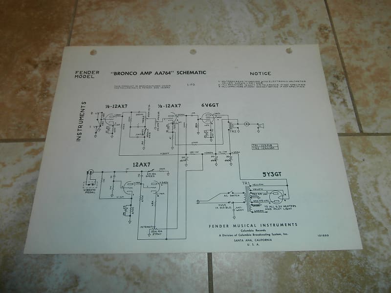 Vintage Early 1970's Fender Bronco Amplifier Schematic! 