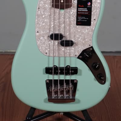 Fender American Performer Mustang Bass, Satin Surf Green w/ Deluxe Gig Bag for sale