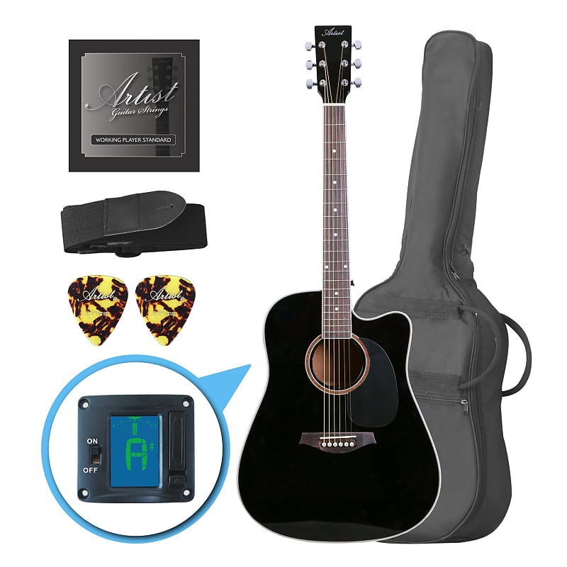 Artist LSPCBK Beginner Acoustic Guitar Pack With Cutaway Black