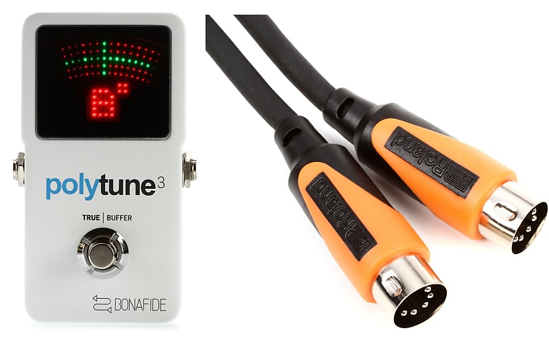 TC Electronic PolyTune 3 Polyphonic LED Guitar Tuner Pedal with Buffer  Bundle with Roland RMIDI-B3 Black Series MIDI Cable - 3 foot