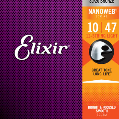 Elixir 11152 Nanoweb 80/20 Bronze 12-String Acoustic Guitar Strings - Light (10-47) image 1