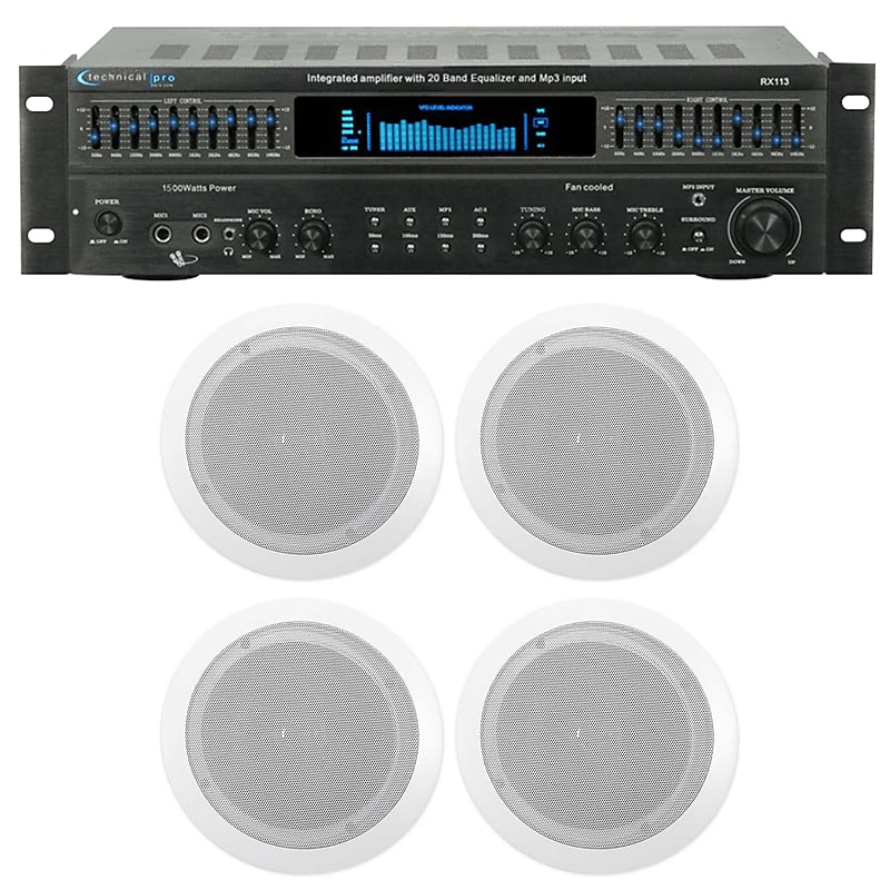Technical Pro RX113 Home Theater Amplifier Receiver+(4) 6.5&quot; Ceiling Speakers  			