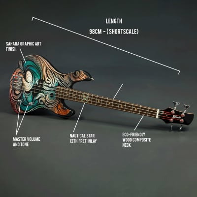 Lindo Sahara Electric Bass Guitar (30" Short Scale) | Nautical Star 12th Fret Inlay - Graphic Art Finish | 20th Anniversary Special Edition image 3