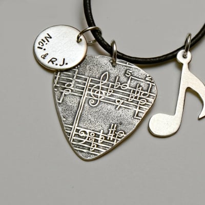 Sterling Silver Guitar Pick Necklace with Music Note and Personalized Disc Charm image 4