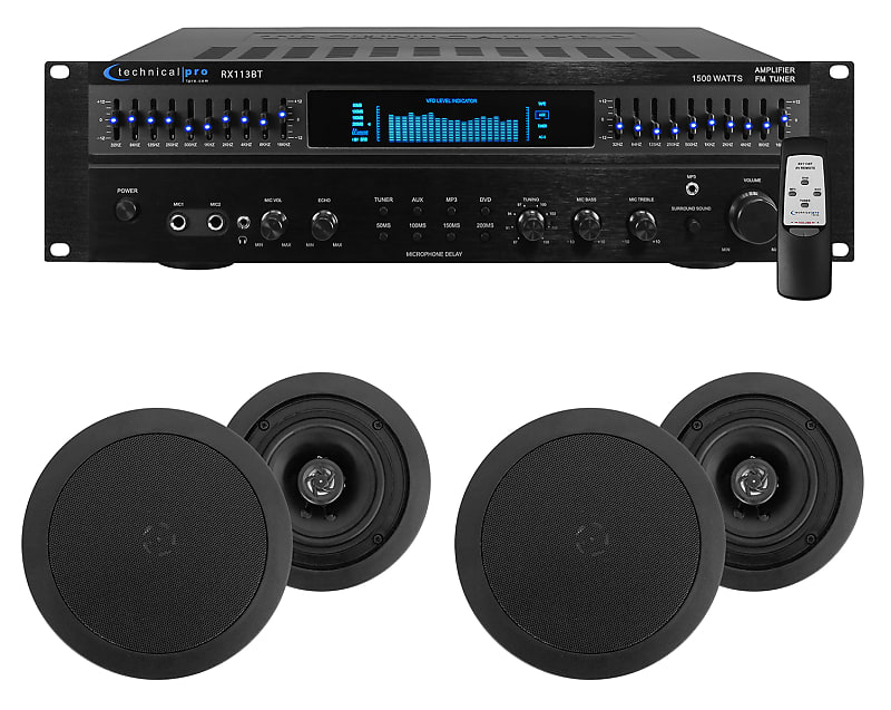 Technical Pro Home Theater Amplifier Receiver+(4) 5.25&quot; Black Ceiling Speakers  			