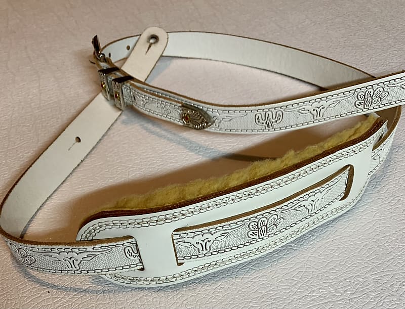 1" Gretsch Tooled Custom Padded Leather Guitar Strap White Jeweled ~50-55" image 1