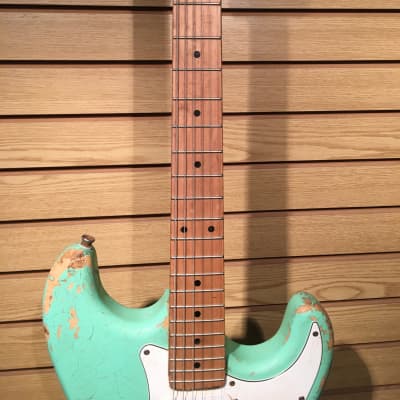 Indiana Indy S-Style Relic Electric Guitar Surf Green with Pinup Sticker image 3