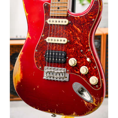 Luxxtone Choppa S Heavy Aging HSS-Candy Apple Red w/Tortoise Pickguard & 1-Piece Roasted Flame Maple Neck image 3
