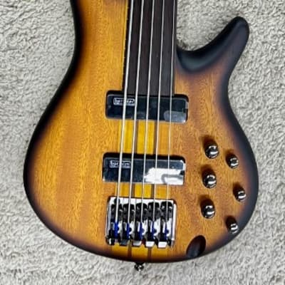Ibanez SRF705BBF Portamento 5-String Electric Bass, Natural Browned Burst Flat image 1