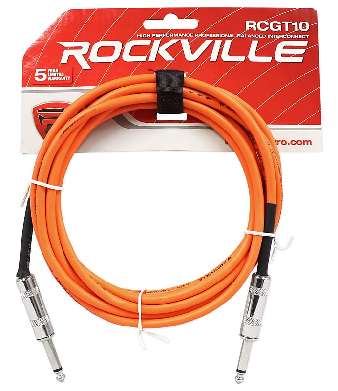 Rockville RCGT10O 10&#039; 1/4&#039;&#039; TS to 1/4&#039;&#039; TS Guitar/Unbalanced Signal Cable-Orange  			