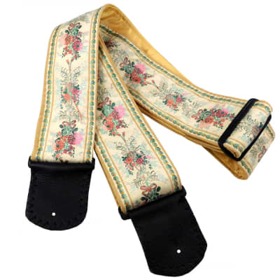 Victorian Floral Jacquard Handmade Guitar Strap in Shades of Cream, Green, and Pink, image 7