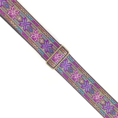 Handmade Colorful Psychedelic Hemp Guitar - Bass Strap with Antique Brass Details and Brown Vegan Leather by VTAR 60s 70s Style - Purple Haze image 2