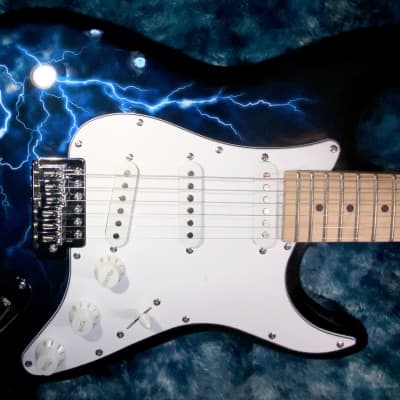 Final Reduction!  2016 Grote Stratocaster Gloss Black with Lightening Graphics! Brand New! image 1