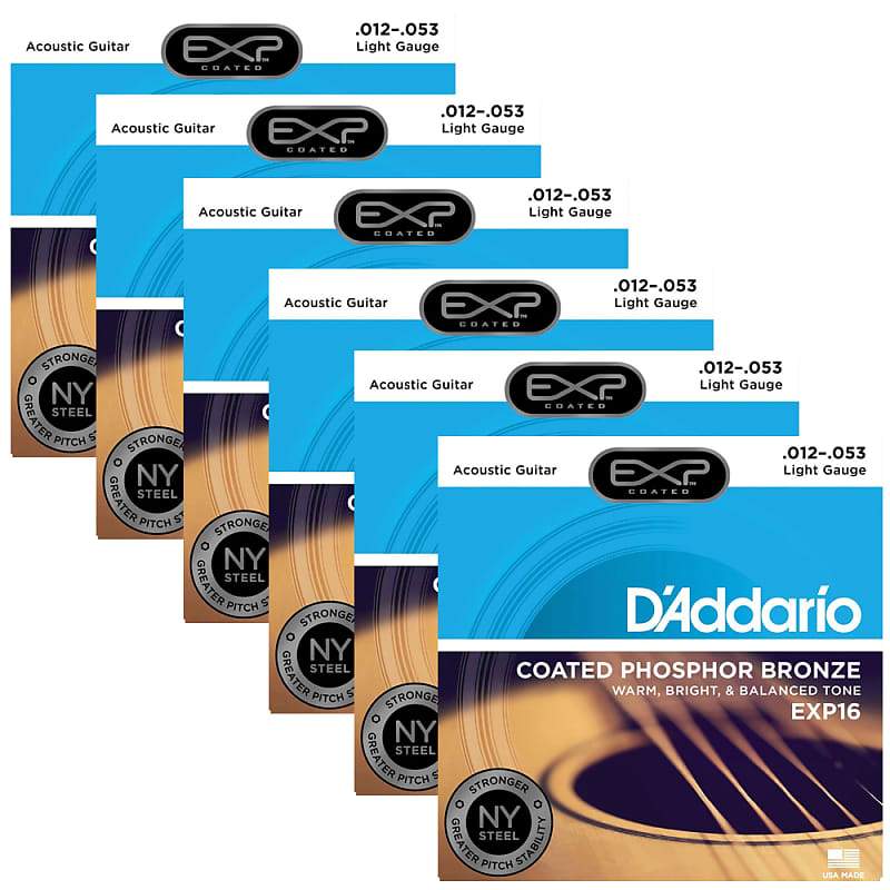 6 Sets DAddario EXP16 Coated Phosphor Bronze Acoustic Guitar Strings Light 12-53 image 1