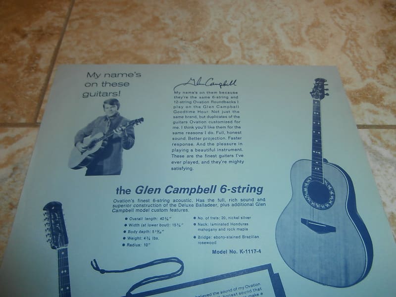 Vintage 1968 Ovation Glen Campbell Guitar Flyer! Roundbacks