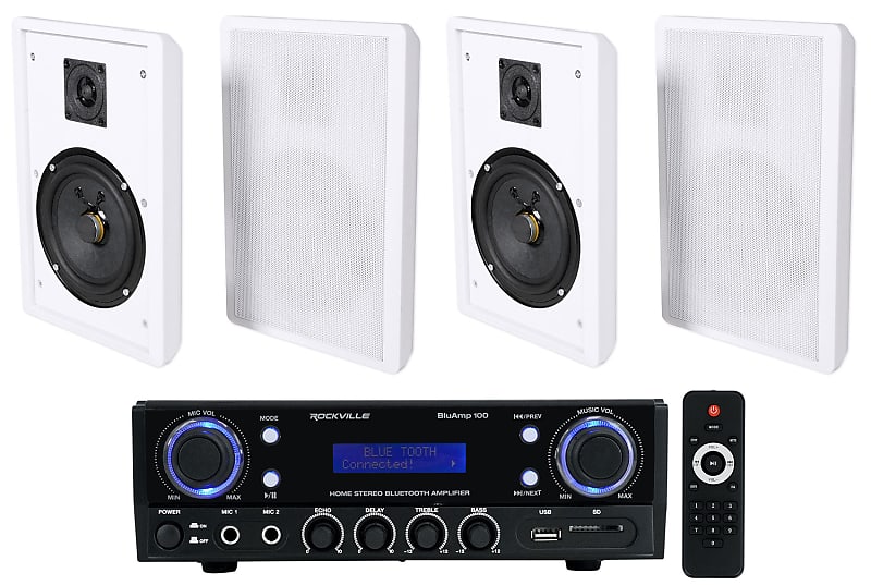 Rockville BLUAMP 100 Home Stereo Receiver Amplifier+4) White Wall Mount Speakers image 1