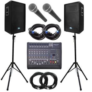 Seismic Audio Landslide8-PKG4 Complete PA Package w/ Mixer, SA15T 15" Speakers, Stands, Mics, Cables