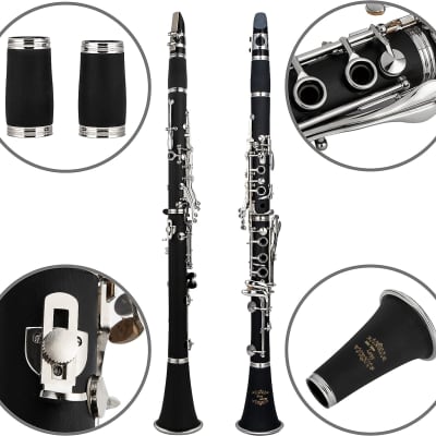 Professional Ebonite Bb Clarinet with 10 Reeds, Stand, Hard Case, Cleaning Cloth, Cork Grease, Mouthpiece Brush and Pad Brush, Black image 3