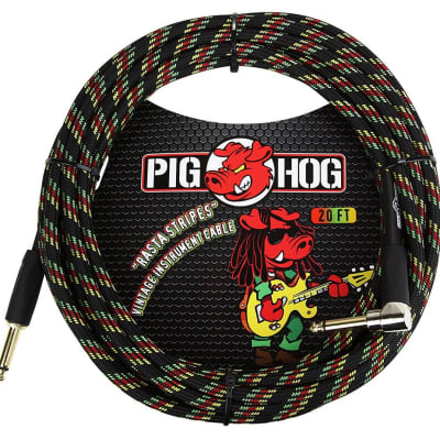 Pig Hog PCH20RAR 1/4' Straight to 1/4' Right-Angle Rasta Stripes Instrument Cable, 20 feet image 2