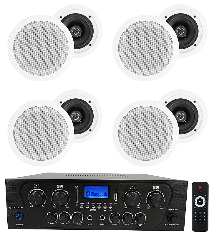 Rockville RPA40BT 4-Room/Zone Home Audio Kit w/Receiver+8 White Ceiling Speakers  			
