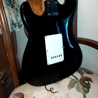 INDY CUSTOM Black with White pickguard strat style guitar, natural blond wooden neck early 2000's image 15